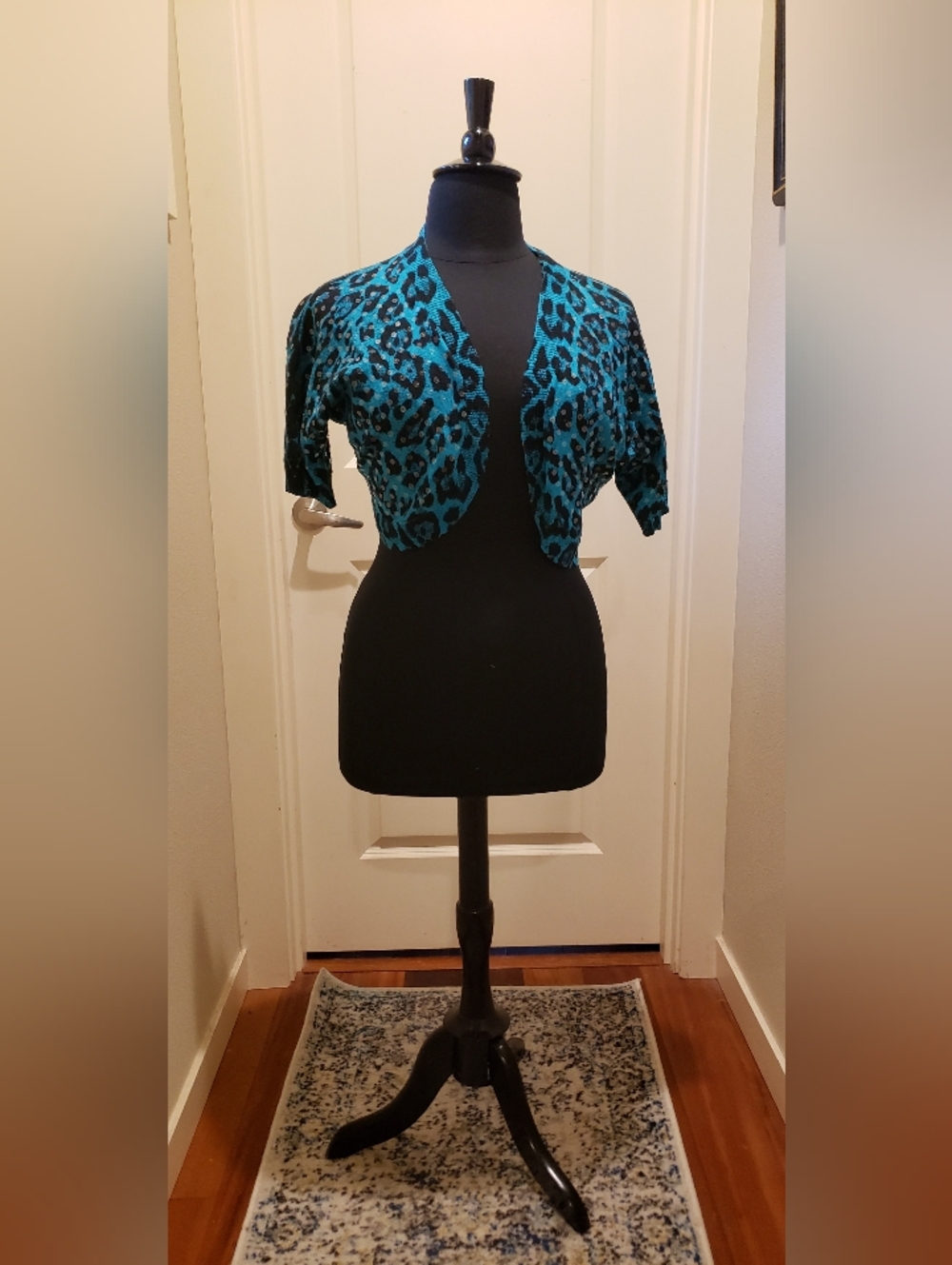 INC Sequined Teal and Black Leopard Print Cropped Shrug Retro Bolero